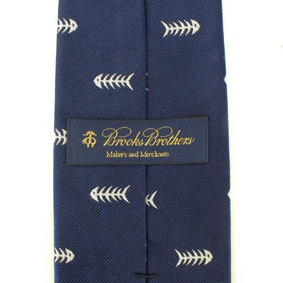 Brooks Brothers 100% Silk Tie Fish Skeleton Bones Navy Blue White Jacquard Men's - Picture 5 of 9